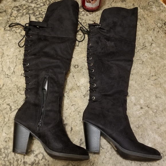 High, over-the-knee with tie string laces up the back suede boot - Picture 9 of 12